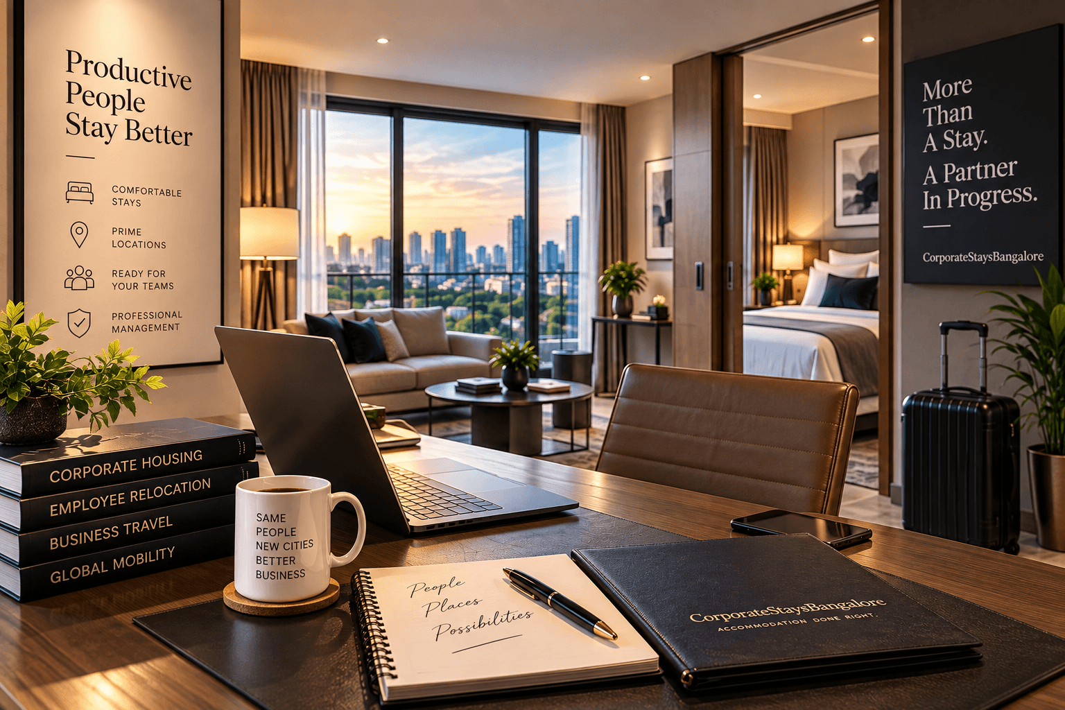Corporate accommodation workspace with a city skyline view, representing the coordination behind managed accommodation