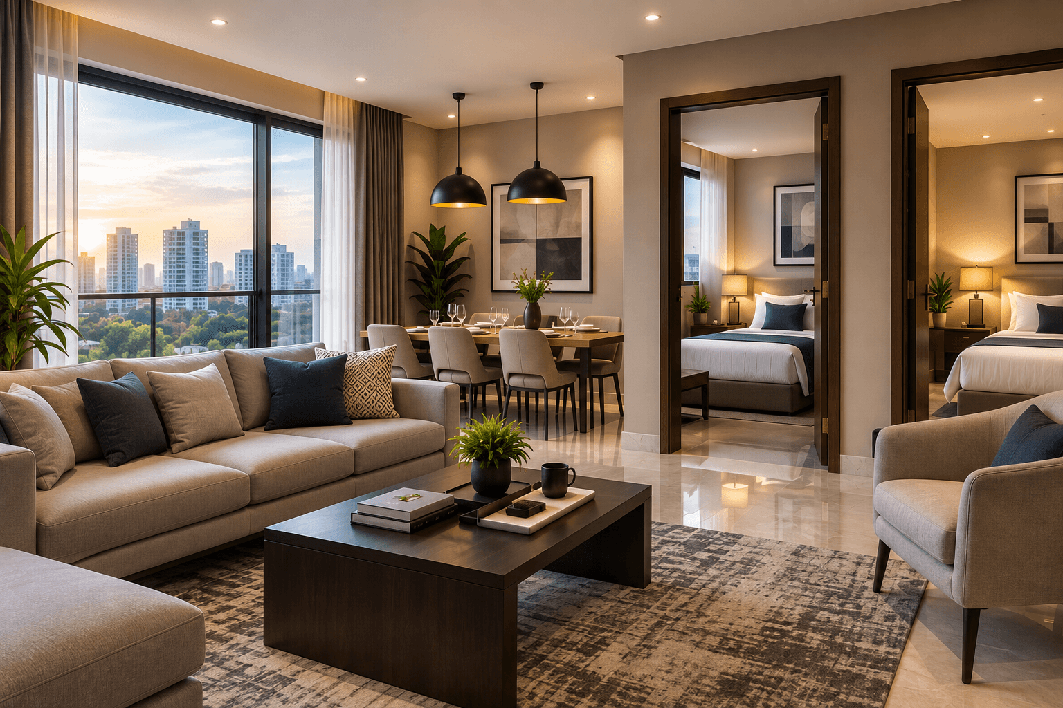 Dedicated corporate guest house interior showing a furnished living and dining area with two bedrooms visible through open doors and a city skyline view