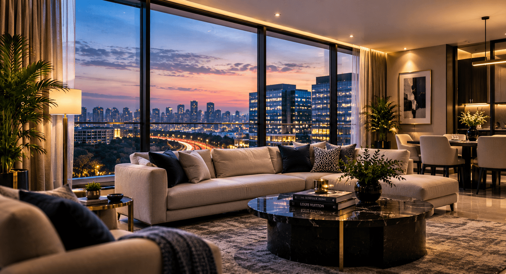 Premium furnished corporate apartment living room with floor-to-ceiling windows overlooking a city skyline at dusk